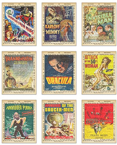 Vintage Sci-Fi Movie Dictionary Posters, 1950er Jahre Filmposter, klassische Filmposter, Vintage Filmposter, klassische Sci-Fi Filmposter, Horrorfilm-Merchandise, 9er-Set (20,3 x 25,4 cm)