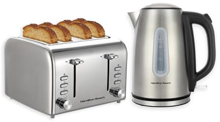 Hamilton Beach Kettle & Toaster Set, Rise, Electric Kettle, 1.7L, Toaster 4 Slice, Stainless Steel, Boil Dry Protection, Rapid Boil, 6 Browning Settings, Defrost, Reheat & Cancel, Brushed- HBKTBRUSH