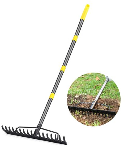 Gartenrechen, 180,3 cm, robuste Rechen für Rasen, Metall-Bügelrechen mit 17 Zinken aus Hartstahl für Gartenarbeit, Bodenlockerung, Mulch, Nivellierrechen (gelb)
