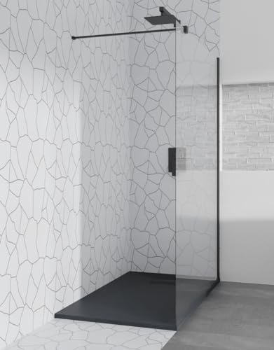 BADLAND Komplettes Set - Walk-In Dusche KETIL 140x195 + Duschwanne VIDAR 90x140 - Duschabtrennung Transparent Nano Glas, Duschtasse Rechteck Schwarz Steinoptik SMC mit Ablaufgarnitur Ø 90 mm