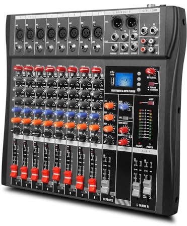 Yamnweo GX8 Professional Sound Board Konsole 8 Kanal Mixer Schnittstelle Digital USB Bluetooth Computer MP3 Eingang 48V Phantom Power Stereo DJ Mixer für Live-Events, Karaoke, Bühnenleistung