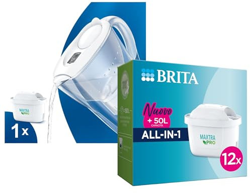 Caraffa Filtrante MARELLA per acqua, Bianco (2.4l) - incl. 1 Filtro MAXTRA PRO per la riduzione di cloro, calcare e impurità + Filtro per acqua MAXTRA PRO All-in-1 Confezione Da 12 Filtri