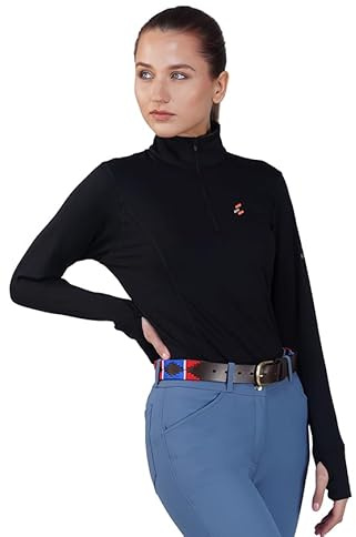 Preto Damen Unterziehshirt für junge Mädchen, langärmelig, athletisch, Thermo-Shirts, Reitbekleidung und Ausrüstung zum Reiten (schwarz), Schwarz, X-Large Plus