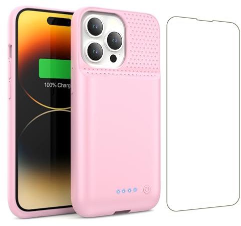 HETP Cover Batteria per iPhone 13/13 Pro/14(6,1), 7500mAh Cover Ricaricabile Custodia Batteria Cover Caricabatterie Portatile Battery Case, Batteria Ricaricabile Estesa per iPhone 13/13 Pro/14 -Rosa