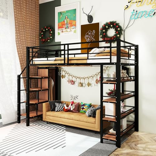 MQLAE Kinderbett Hochbett 90x200, Metallbett Bettgestell mit Rausfallschutz und Lattenrost und 4 Einlegeböden, Sicherheitstreppe mit Kleiderschrank und Stauraum, Einzelbett Jugendbett, Schwarz
