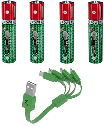 W Onder Full Energy- AAA / LR03 Batterien - über USB-C wiederaufladbar - Inklusive USB-C Kabel - Lange Lebensdauer - 4er Pack - kompatibel mit Siemens Gigaset A400, A415, AS405, AS690, C430, C430A,