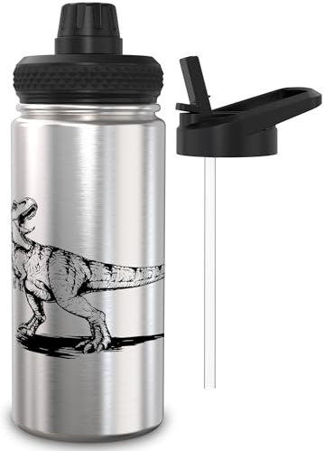 TAKWAY Isolierte Trinkflasche Kinder Edelstahl 0,5L mit 2 Aufsätzen - Auslaufsichere Edelstahl Trinkflasche mit Strohhalm 500ml - BPA frei - Schule, Sport (Dino)