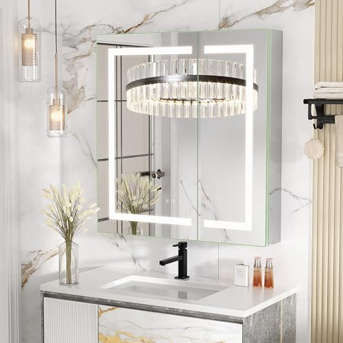 VOWNER Armoire Miroir Salle de Bain LED, Porte Double Miroir Salle de Bain avec Rangement, Anti-buée, Blanc Froid/Chaud/Neutre, Dimmable, avec Prise et Étagère en Verre Réglable, 76 x 66 x 12 cm