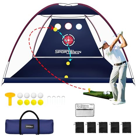 SPORTSWIN Golf Net 10x7ft with Automatic Ball Return System, Heavy Duty Golf Practice Net Set with Tri-Turf Mat for Backyard, Garage, Indoor/Outdoor Driving and Chipping Practice