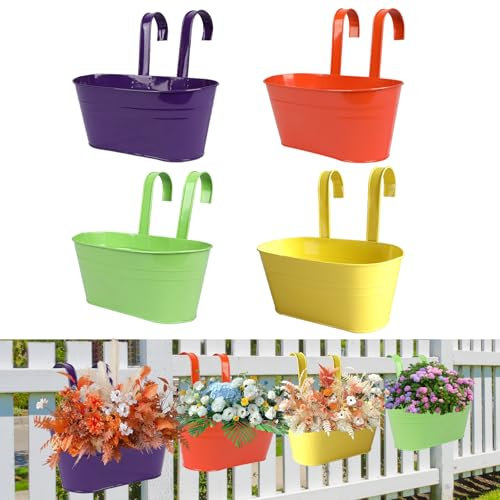 4pcs Pots de Fleurs à Suspendre en Métal,Pots Suspendus Balcon avec Double Crochet Seau à Fleurs Suspendu avec Trou de Drainage Décor pour Jardin Maison Clôture Intérieur Extérieur (Orange+Jaune)