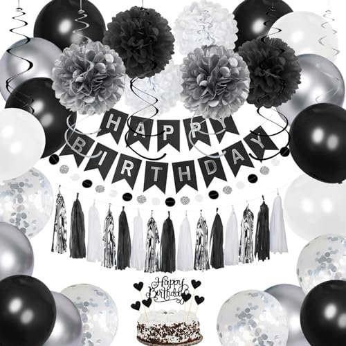 Birthday Decorations for Men, Black and Silver Happy Birthday Party Decorations, Black and White Birthday Party Supplies - Banner, Balloons, Tissue Pompoms, Swirls, Tassels Garland