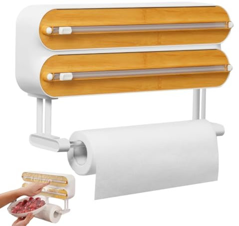 SOONHUA Dispensador de papel de aluminio de madera, dispensador universal mejorado y soporte para rollos de cocina, dispensador magnético de papel de cocina con dispositivo de corte, para plástico de