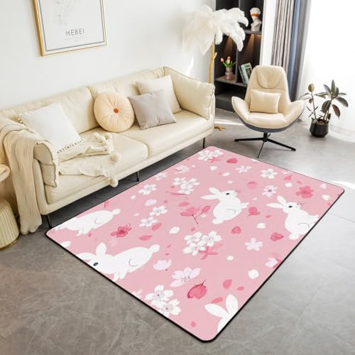Loussiesd Kinder Niedlich Kaninchen Teppich 100x150cm Jungen Mädchen Kirschblüten Modern Teppich Cartoon Bunny Küchenteppich Blüte Blumen Muster Wohnzimmerteppich