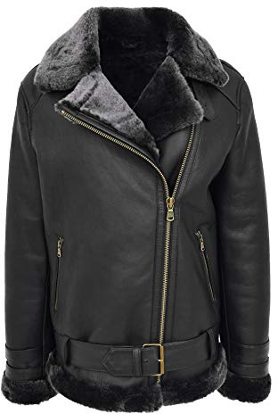 House Of Leather Womens Real Sheepskin Jacket Aviator Cross Zip Biker Style Lena (UK, Numeric, 22, Regular, Regular, Black Silver Tip)