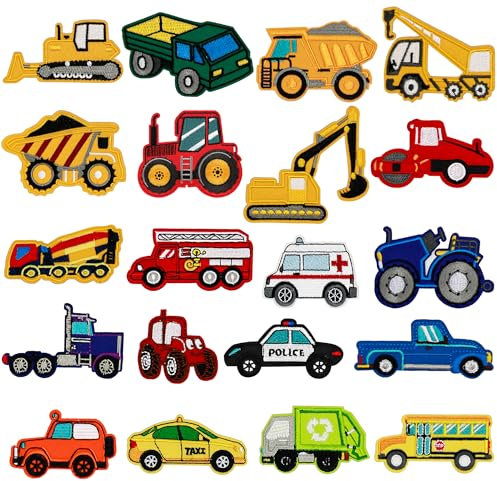 20pcs Cars Iron on Patches Engineering Vehicle Embroidered Patches Iron on Knee Patches for Boys Kids Pants Clothes Backpack