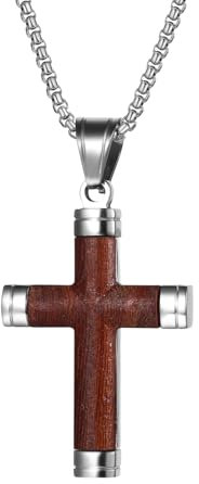 JewelryWe Holz Kreuz Halskette Herren: Silber Edelstahl Holzkreuz Anhänger Kette mit Kreuzanhänger Religiöse Christliche Tauf Amulett Schmuck Geschenk für Männer Jungen
