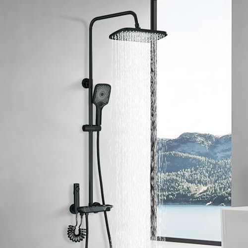 Cesinkin Colonne de Douche Noir Système de Douche Réglable en Hauteur Acier Inoxydable Ensemble de Douche 4 Modes Spray Supérieur, Jet, Robinet, Douchette à Main