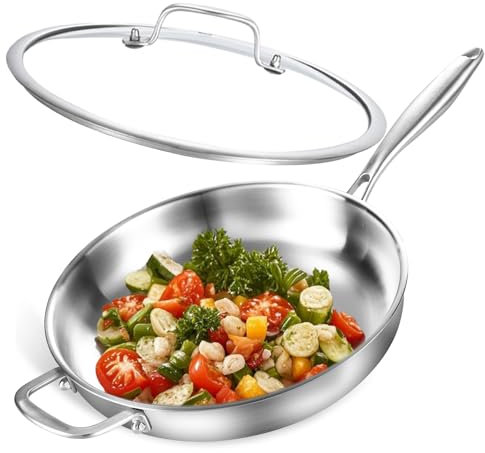 DELARLOCHEF Dreilagige Edelstahl Bratpfanne mit Deckel 30cm,Edelstahlpfanne Unbeschichtet,Induktions Pfanne,Hocheffiziente und Energieeffiziente Pfannen für Steak,Ei,12-Zoll