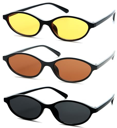 Unning 3 Stück Oval Sonnenbrille Set Damen,Vintage Cateye Sonnenbrillen Neon Lustige Schmal Brillen für Damen