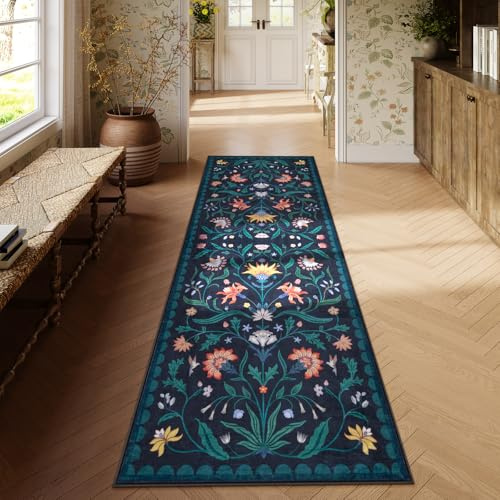Lahome Läufer mit Boho-Blumenmuster, waschbar, für Flur, Küche, Teppich, rutschfest, ultradünn, weich, für Schlafzimmer, Waschküche, 60 x 200 cm, Dunkelblau