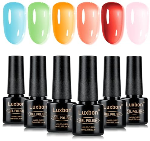 Luxbon 6 pcs Jelly Gel Nail Polish Set - Summer Vibrant Colour Set Long Lasting Gel Polish, uv led Soak Off Nail Art Designs Manicure Kit 015