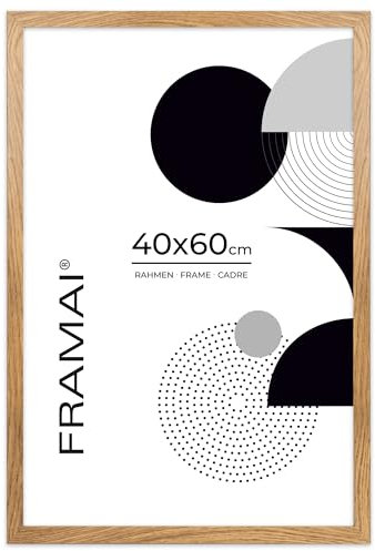 FRAMAI® Bilderrahmen 40x60 cm Eichenfarbe, MDF Umweltfreundlichem Rahmen mit Bruchsicheren Plexi, Aufhänger und Aufsteller