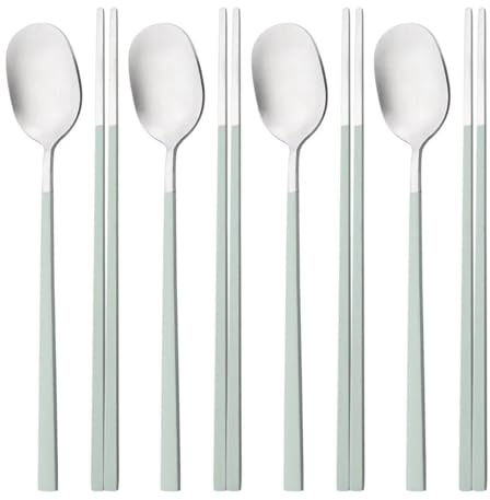 Cutlery Set 8Pcs Dinnerware Set Silver Stainless Steel Flatware Set Matte Dinner Spoon Chopsticks Tableware for Birthday Parties Camping(Mint Green Silver)