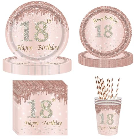 YRsorn 18. Geburtstag Deko Partygeschirr - Deko 18. Geburtstag Mädchen Partyteller, Pappteller, Becher, Servietten für Tischdekoration für 20 Gäste