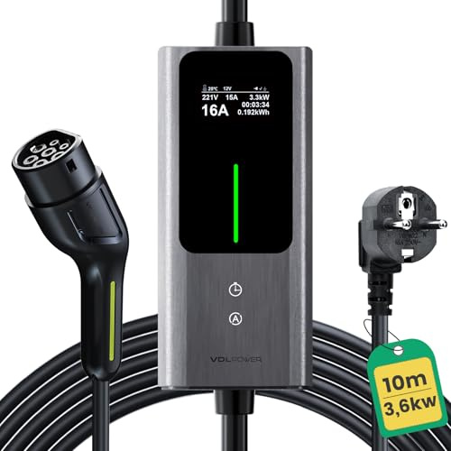 VDLPOWEREU Chargeur Voiture Electrique 3,68kW | 6-16A | 10M, EV Chargeur Schuko Type 2 Courant Commutable avec Affichage, Câble Recharge Véhicule Electrique Rapide IP65 (IEC62196-2)