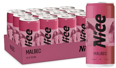 NICE Malbec, Argentinian Wine in a Can, Juicy & Fruity Red Wine from Mendoza Region, Darkly Fruity, Wicked Depth, 12 x 187ml Recyclable Cans (Pack of 6)