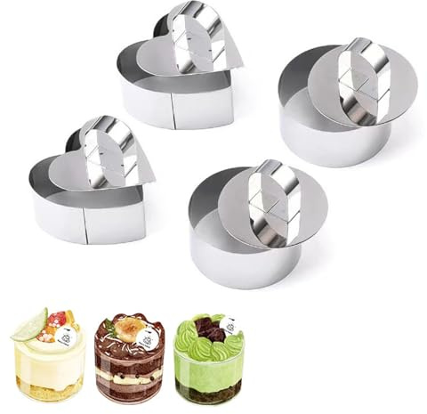 Noaxylic 4 Stück 8cm Kleine Tortenringe Edelstahl Abdeckung Gebäck Set | Runder Mousse Ringe Herz Speiseringe, Runder Backring Ring, Tortenformen, für Mousse, Kuchen, Desserts, Brot, Keksen, Pudding