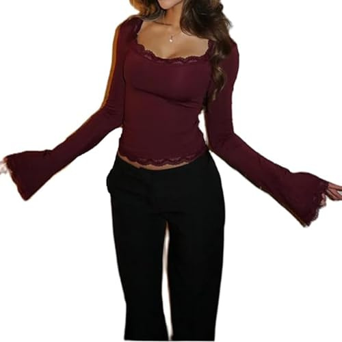 RUIWANBBY Women Y2K Long Sleeve Crop Tops Lace Trim Low Cut Square Neck Knit Blouse Shirt Sexy Slim Fit Going Out Streetwear
