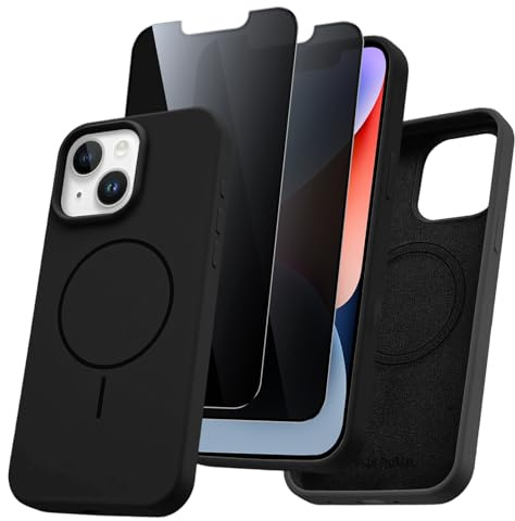 Pnakqil Coque pour iPhone 14 Plus/15 Plus Compatible avec MagSafe, Magnétique Silicone Liquide avec 2 Pièces Verre Trempé Anti-Espion, Anti-Jaune Étui de Protection Antichoc Housse,Noir