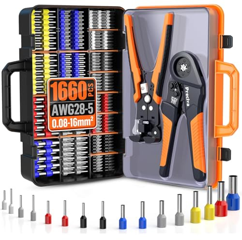 Preciva Kit de Alicates Electricista 3 en 1, Crimpadora Profesional + Pelacables Automático + 1660 Piezas Punteras Electricas, Crimpadora Terminales Electricos 0,08-16 mm²