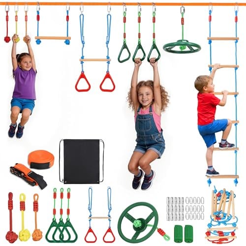 FREEAMG Warrior Obstacle Course - 49ft Slacklines with 10 Durable Obstacles