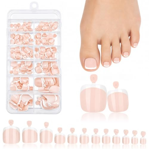 120PCS White French Fake Toe Nails Set, ABS Press On Toenails, Short Square French Tip Nude False Toenails for Women Nail Art DIY Gift