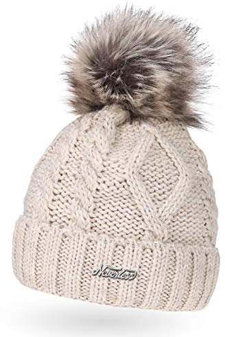 Neverless gefütterte Damen Strickmütze mit Fell-Bommel und Fleece-Futter, Kunstfell, Winter-Mütze, Bommelmütze, hell-beige Unisize