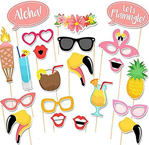 HOWAF 21 Stücke Hawaii Photo Booth Props, DIY Flamingo Brillen Masken Hut Foto Requisiten Sommer Party Accessoires für Sommer Schwimmbad Party Tropical Party Hawaiian Tiki Geburtstag Party Deko