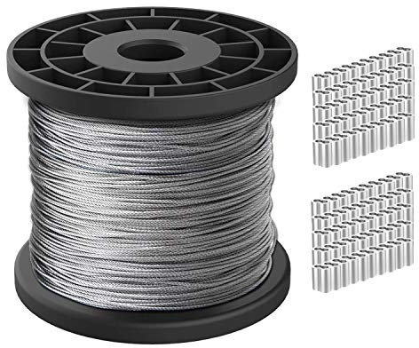 Cuerda de alambre de 1/16, cable de acero inoxidable 304, cable de avión de 50m de longitud, núcleo de 7 x 7 hilos, resistencia a la rotura de 167 kg con 100 abrazaderas de aluminio engarzado