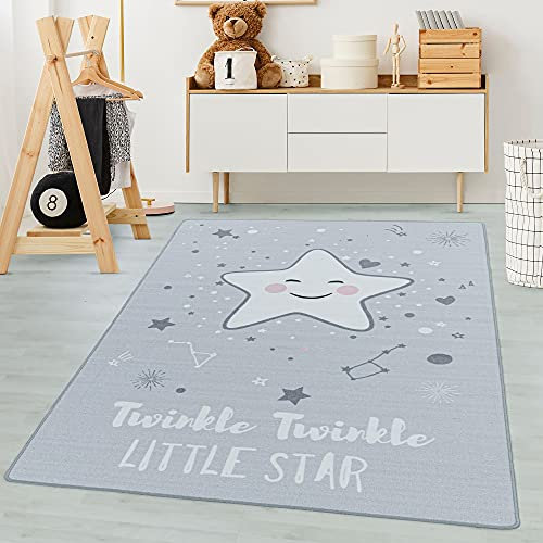 Carpetsale24 Kinderteppich Modern Sterne-Design Grau 100 x 150 cm - Kurzflor Teppich Kinderzimmer Waschbarer Spielteppich Babyteppich für Jungen und Mädchen Extra Weich und Antiallergen Rechteckig