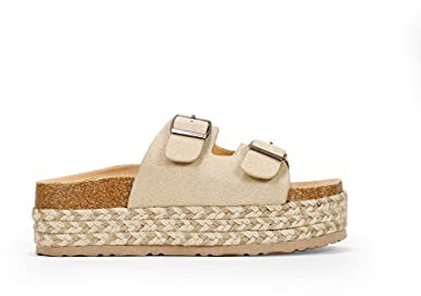 BOSANOVA Sandalias Bio Estilo Pala con una Tira Ancha al Empeine con Detalle de Dos Hebillas Regulables y Suela de Esparto Bicolor. Sin Cierre Calzado para Mujer Beige 37