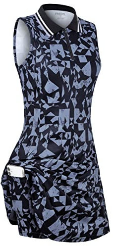 FREEYE Ärmelloses Damen-Golf-Tenniskleid mit Innenshorts und Taschen für Workout-Übungen, Geometrisch-schwarz & grau, X-Groß
