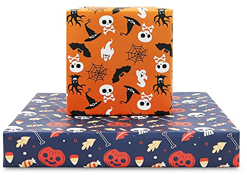 Halloween Wrapping Paper Sheet for Kids 20 x 28 inches(6 sheets: 23 sq. ft. ttl.), Folded Flat Decorative Paper for All Halloween Birthday Gift Wrap and Christmas Party Decorations