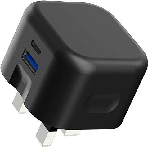 20W Fast Charger Plug For iPhone 17e/17/Air/17 Pro/17 Pro Max/16e/16/16+ | 16 pro/16 pro Max/15/15+/15pro/15proMax/14/14+/SE 2022 USB Charger Plug UK 3 Pin Dual Ports Fast USB Type C Charger (BLACK)