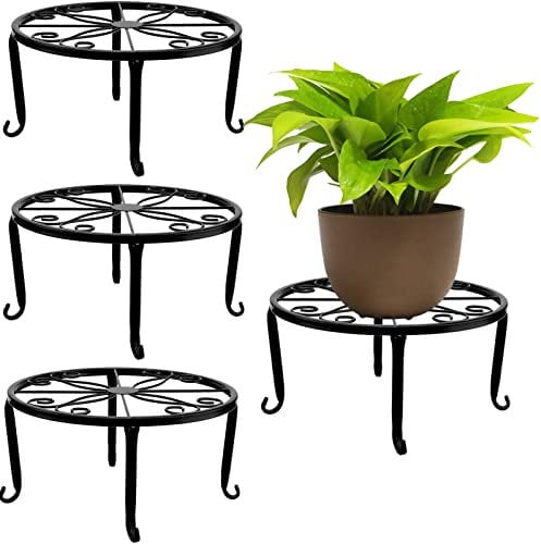 JEUIHAU 4 Pack 9 Inch Metal Potted Plant Stand, Heavy Duty Cast Iron Plant Holder, Round Plant Stands Garden Container Stands for Indoor And Outdoor Plants, Black