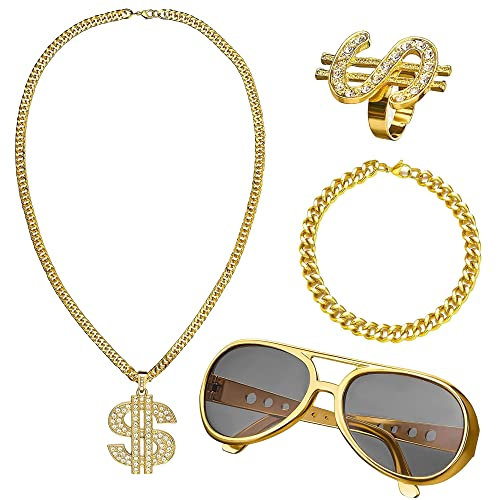 Togetherkings 4 Stück Dollar Kette set,Goldene Dollar Kette,Hip Hop Armband,Dollar Ring,Retro Sonnenbrillen,Fasching & Karneval für 70er,80er,90er Jahre Accessoires,Retro-Abschlussballparty