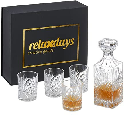 Relaxdays Whisky Set, 5-teilig, Whiskykaraffe 800 ml, 4 Whiskygläser 310 ml, Geschenkbox, Cognac Dekanter, transparent