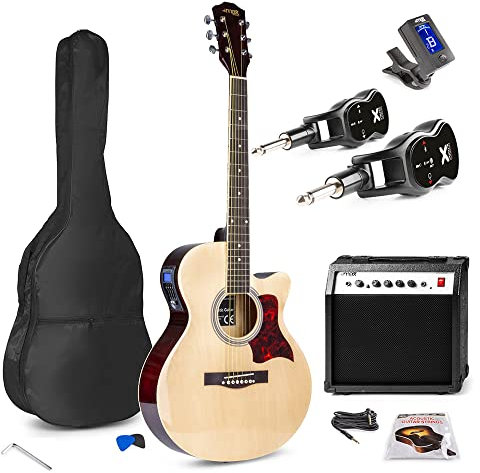 MAX Showkit Beginner Electro Acoustic Guitar Pack Natural with Wireless System, Amp, Digital Tuner & Accessories, Ideal Starter Electric Acoustic Guitar for New Players