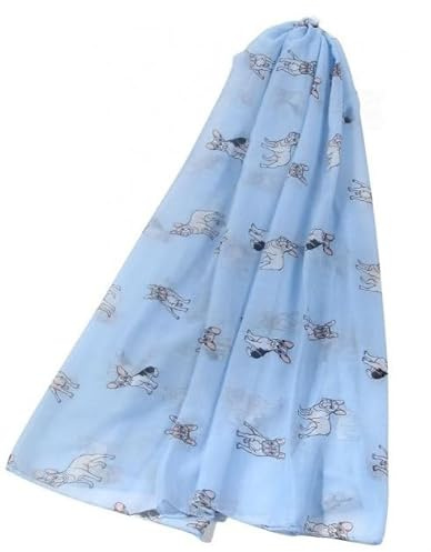 Ladies French Bulldog design scarf, lightweight cotton mix fabric in choice of styles and colours, a lovely Dog lover novelty gift and stocking filler (Black, white & pink dog on sky blue)