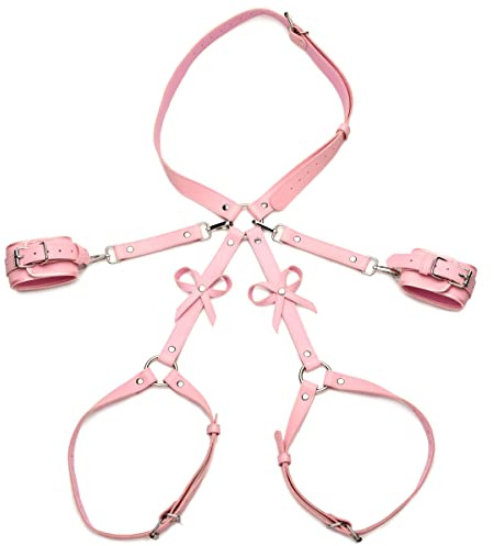 Pink Bondage Harness with Bows M/L - Adjustable Waist, Thigh, and Wrist Straps